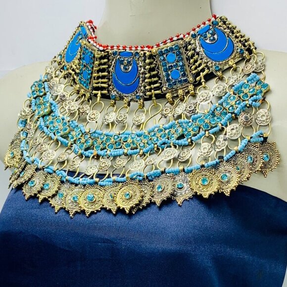 Turquoise Choker Necklace, Tribal Kuchi Afghan Choker With Turquoise Glass Stone - Picture 3 of 12